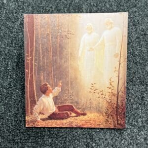 A painting of jesus in the woods with a child.