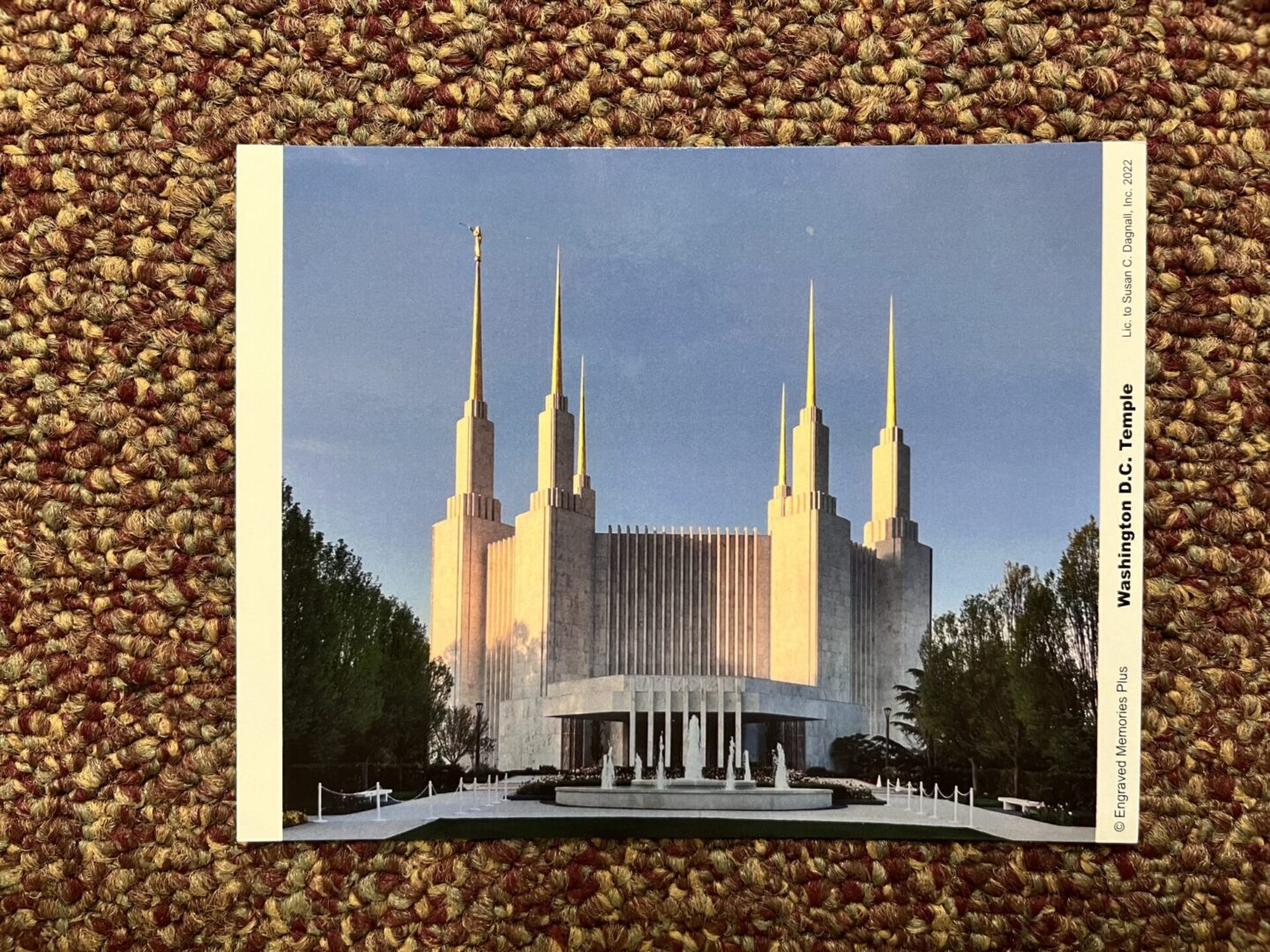 A picture of the mormon temple taken from the ground.